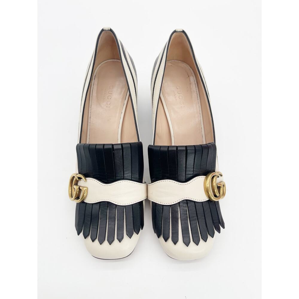 Gucci Marmont Kiltie Zebra Stripe Black White Leather Block Heel Pumps IT 37.5 - Picture 7 of 16